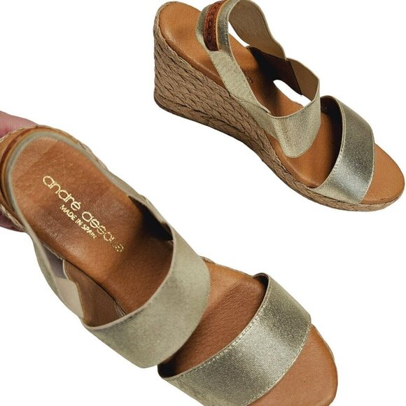 Andre Assous Allison Wedge Sandals Espadrille Gold Metallic Leather Womens 9-9.5 - Picture 12 of 13